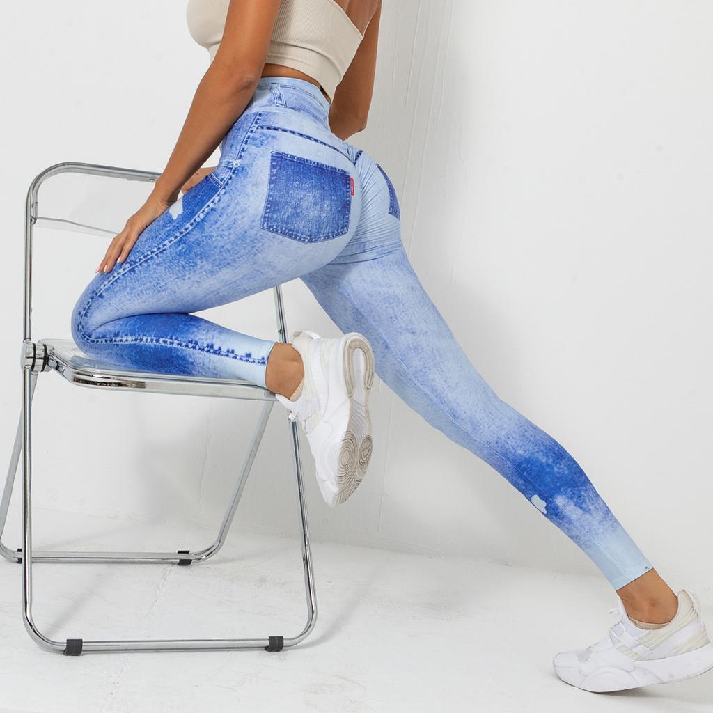 Digital bedruckte Denim-Hose in Blau, enge Höhe, schnelltrocknende Yoga-Hose, Sport-Laufhose, Fitness-Hose für Damen