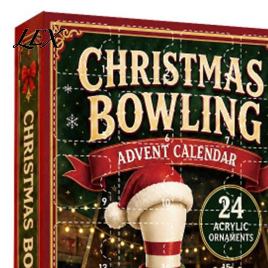 Creative Xmas Party Favors Christmas Advent Calendar with 24 Acrylic Pendants, 2D Flat Bowling Theme Holiday Ornaments for Tree Hanging Decorations