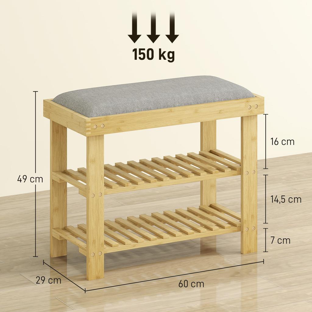 Shoe Bench with Seat, Bamboo Bench with Storage, 2 Open Compartments, Bench 60 X 29 X 49 Cm Grey