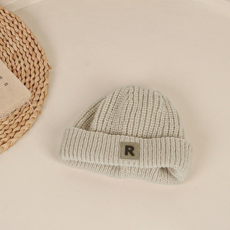 Solid Color Warm Knitting Children's Cap Autumn Winter R Letter Melon Caps for Baby Korean Casual Boys Girls Brimless Hat Beanie