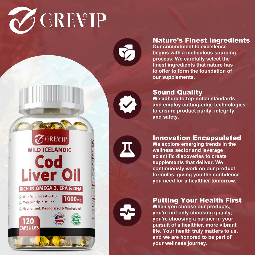 Wild Icelandic Cod Liver Oil Capsules, Rich In Omega Extract, 1000 Mg Per Serving, Support Heart, Joint, and Brain Health.