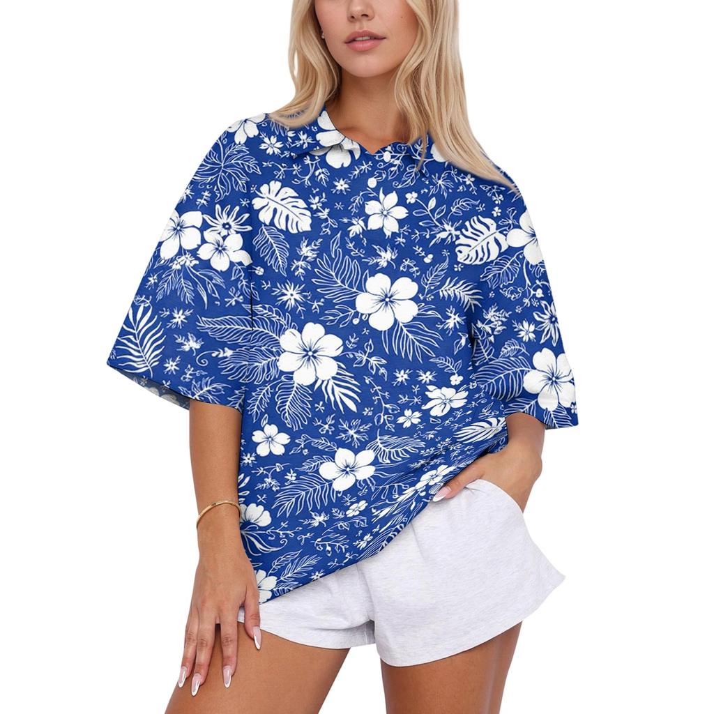 Women’s Fashion Casual Polo Collar Loose Fit Top Short Sleeve Floral Print Blouse Relaxed Lapel Shirt for Daily Wear