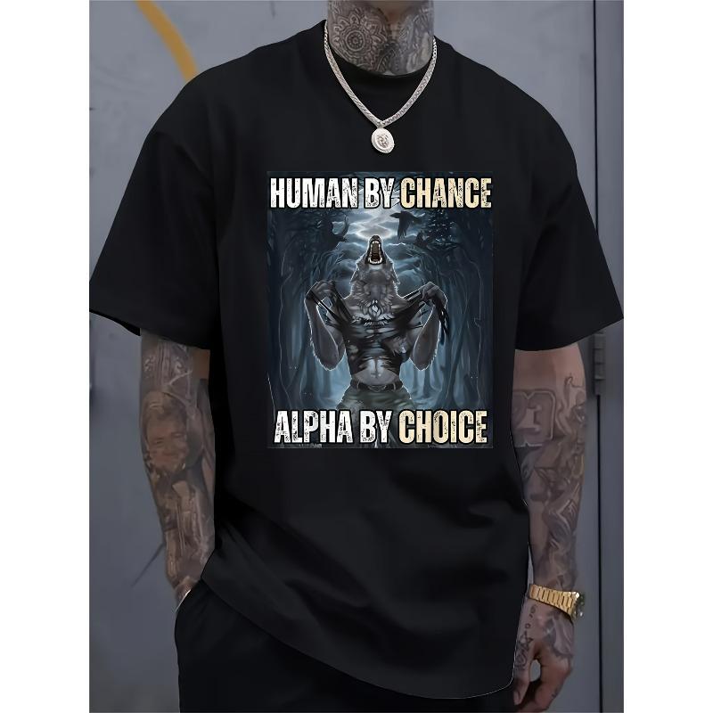 

European sizes Men s Graphic T-Shirt - Human by Chance Alpha by Choice Wolf Design ４XL чорний