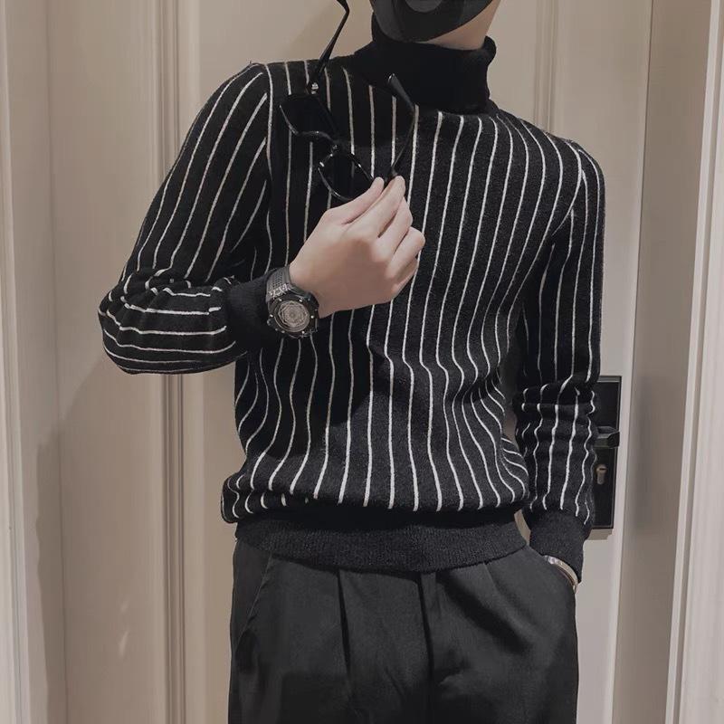 Men's Trendy Striped Slim Turtleneck Sweater for Autumn & Winter