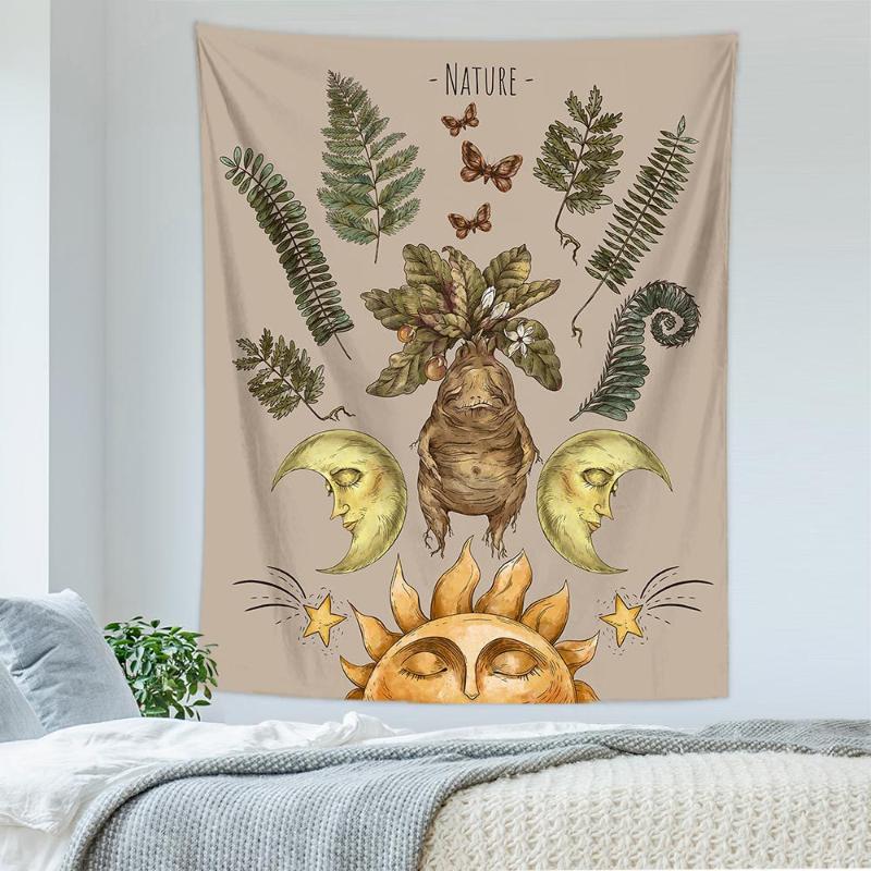 Boho Sun Moon Tapestry, Nature Wall Hanging, Vintage Mushroom & Fern Print for Cottagecore & Witchy Room Home Decor