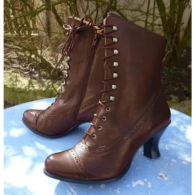 New Women Short Boot PU Leather Bikerboots High Heel Pointed Toe Boots Women's Victorian Boots Retro Botas
