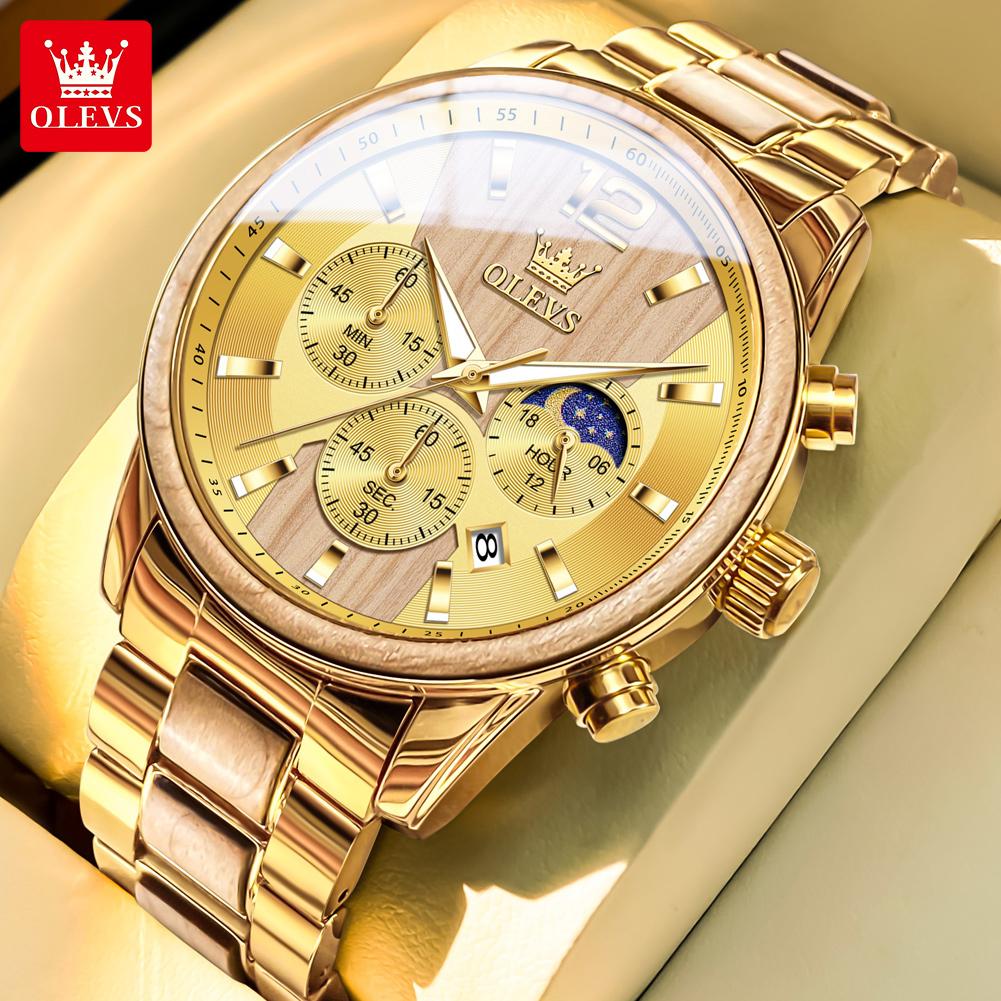 

OLEVS Лучший Роскошный Бренд Мужские Часы Фаза Луны Хронограф Кварцевые Часы для Мужчин Нержавеющая Сталь Светящиеся Оригинальные Часы золотой