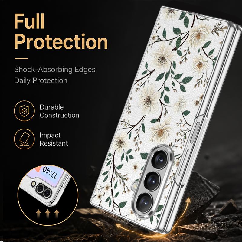 Vintage White Flower Case For Samsung Z Fold 8 Ultra 7 6 5 Luxury Plating Leather Skin Hard Phone Cover For Galaxy Z Fold8 Fold7 Fold6