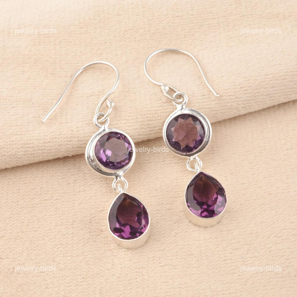 Natural Amethyst Hook Sisters Gift Drop Dangle Boho Earrings 925 Sterling Silver EE-142-2