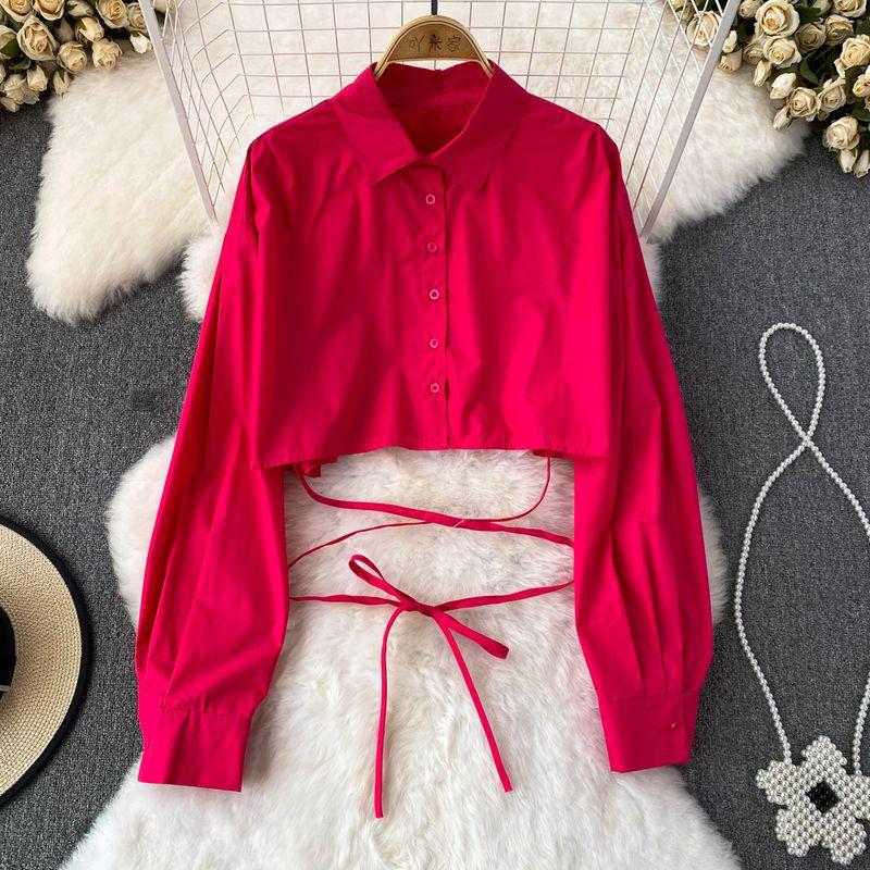 

Polo Long Sleeves Loose Single Breasted Pure Color Korean Style Shirt Rose Red One size