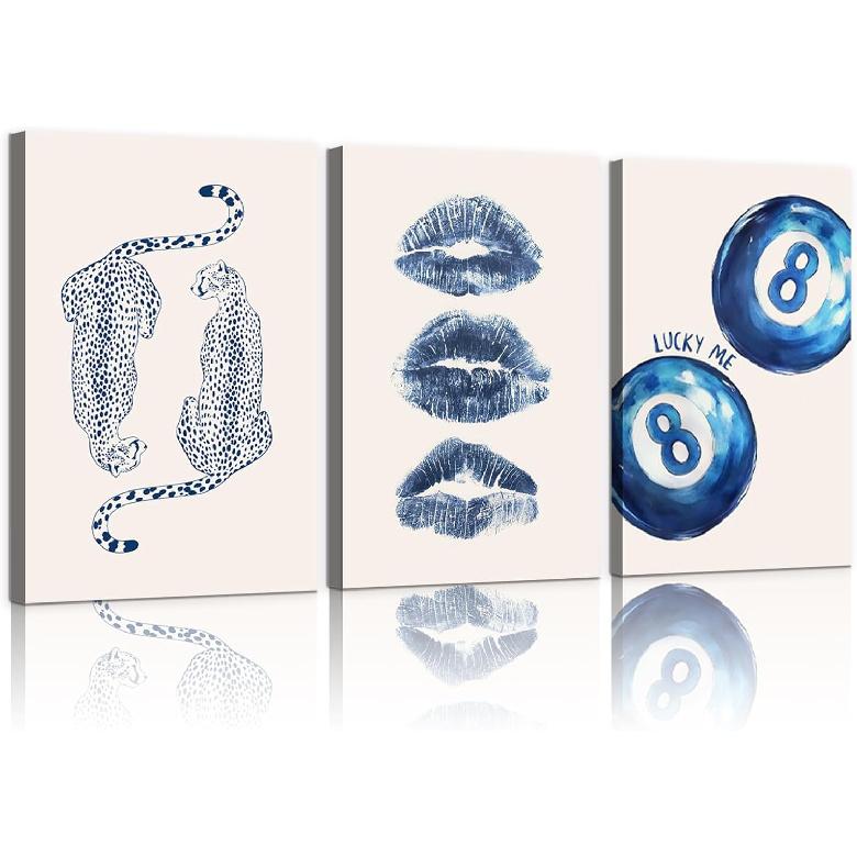 Set of 3 Trendy Cheetah Wall Art Funky Navy Blue Kiss Lips wall decoration pictures Retro Lucky 8 Ball Leopard Pattern Poster prints for Girls