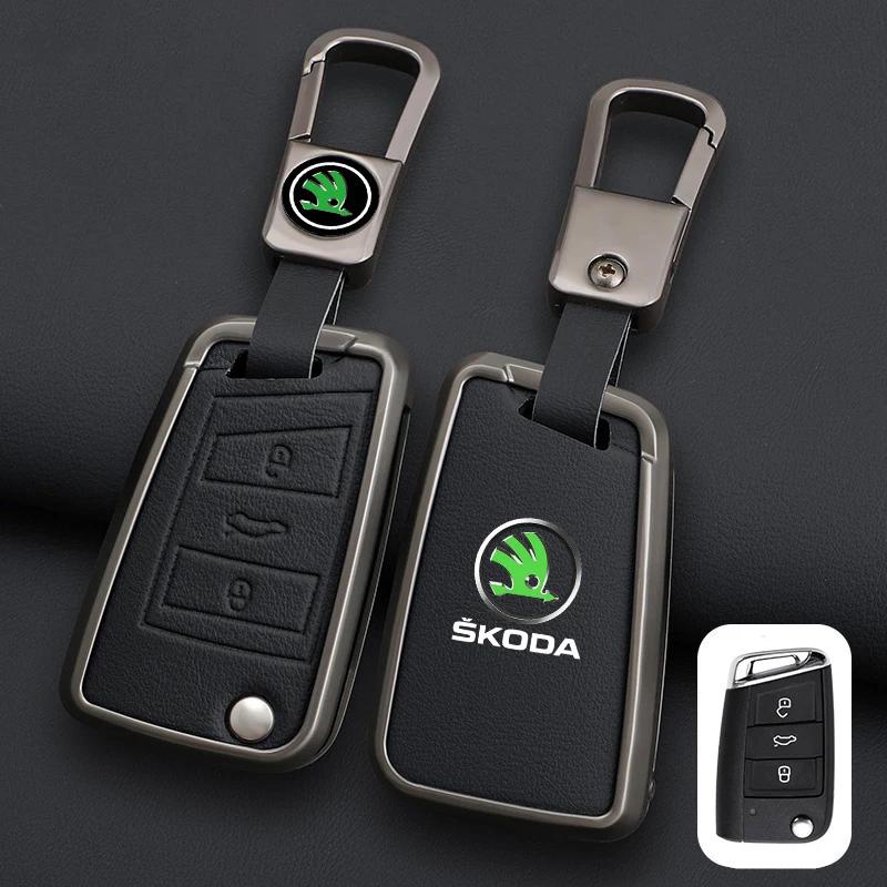 AFK1 Leather Car Remote Key Case Full Cover Protector Holder Shell Fob For Skoda Superb A7 Kodiaq Octavia A7 A8 Keychain Accessories
