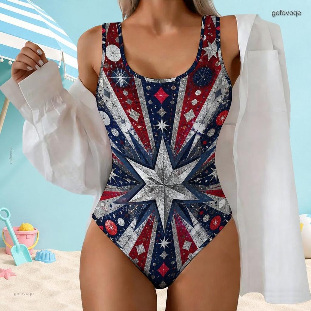 Women Plus Size Scoop Neck Wide Straps One Piece High Cut Leaf Printed Swimsuit