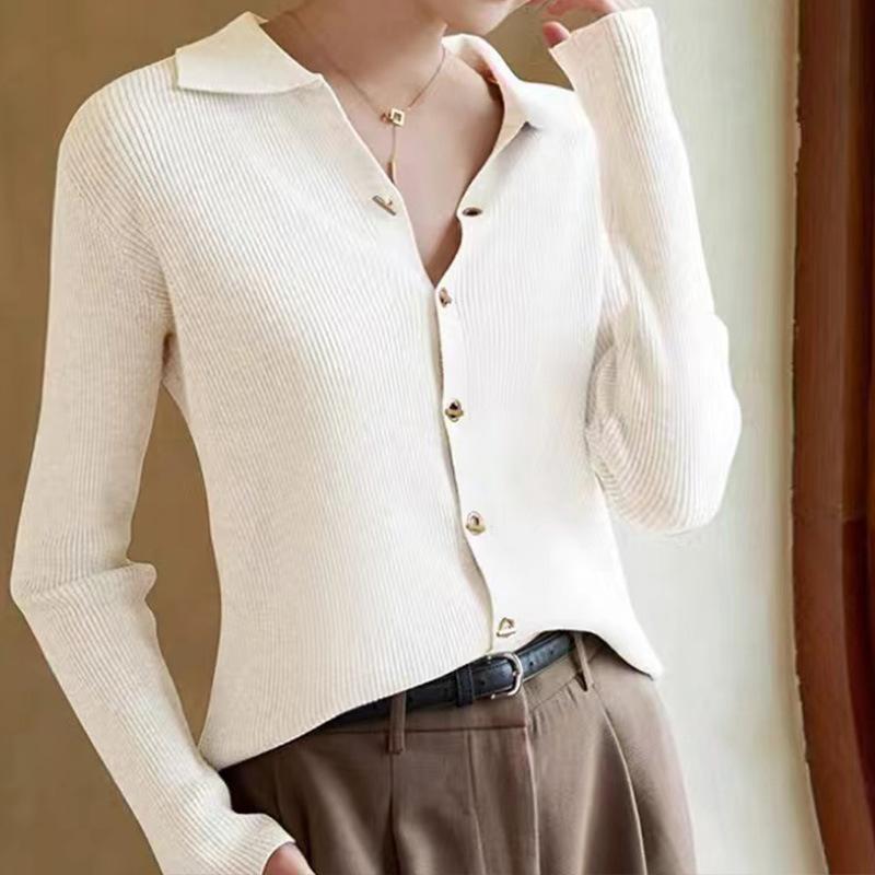 

Lapel knitted cardigan women s early autumn new solid color lapel top long sleeve fashion temperament sweater women One Size белый