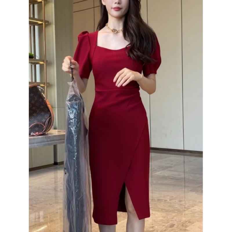 Korean Version of Temperament Square Neck Dress Summer New Design Bubble Sleeve Medium and Long Split Hip Skirt