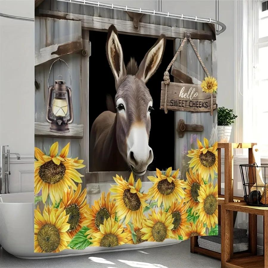 Vibrant Donkey Sunflower Shower Drapery - Machine Washable, gift Polyester Fabric with Hooks Included - Perfect for Bathroom Dec
