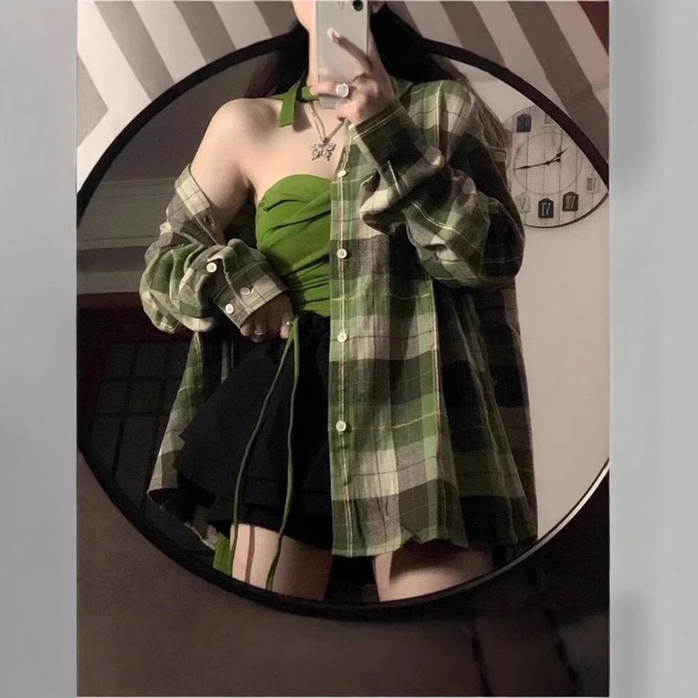 

Trendy Unisex Plaid Shirt: Long Sleeve, Loose, Plus Size, Casual Spring/Summer Jacket XXL зелений