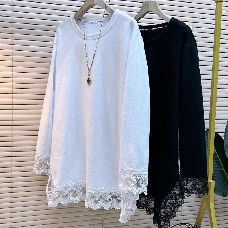 

Весна Осень Новая Мода Однотонная Футболка с Длинным Рукавом Женская Уличная Повседневная Свободная Кружевная Лоскутная Толстовка Элегантные Топы XXXL чёрный
