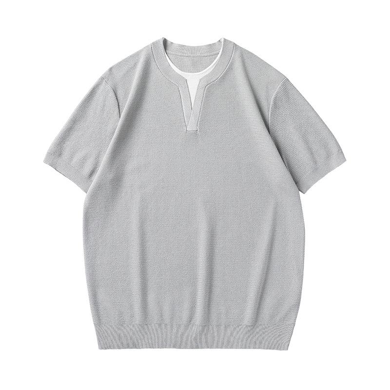 

Mu Qiu Men s Color Block Knit Round Neck Short Sleeve T-Shirt | Trendy Loose Half Sleeve Top 4XL (100-110 kg)