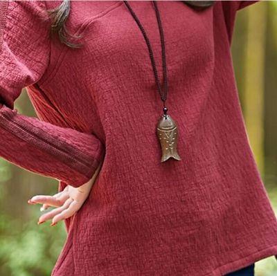 Tibetan Buddhist Ethnic Wooden Lucky Fish Mala Pendant Necklace with Shell & Imitation Pearl for Men Women Children