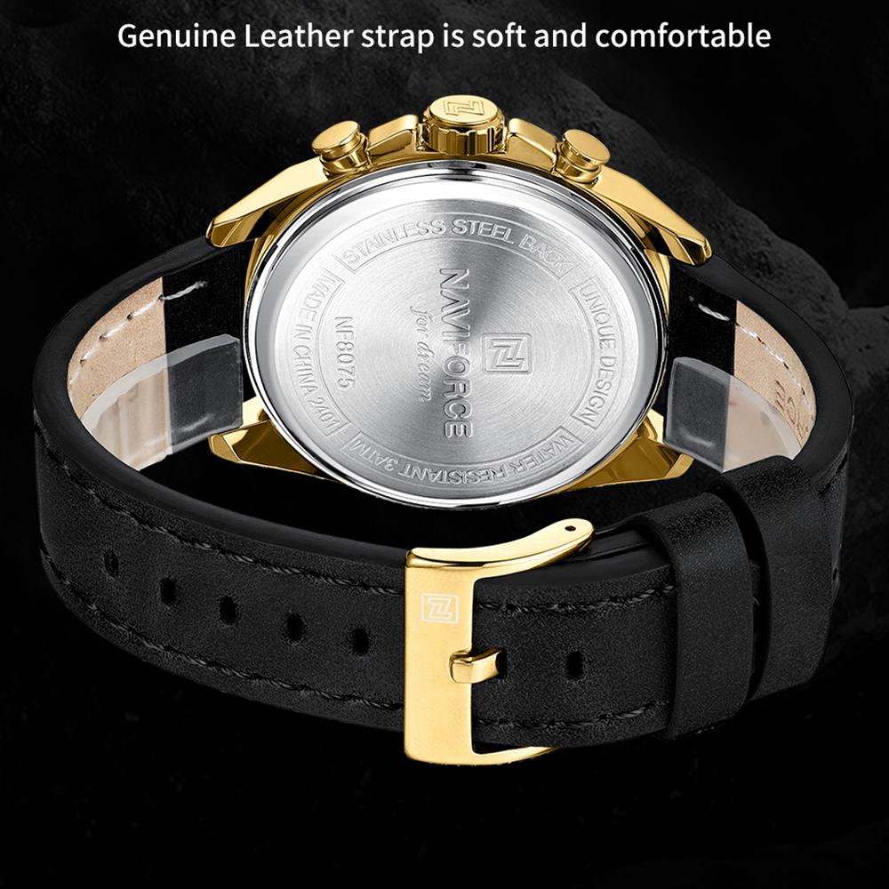 NAVIFORCE Men's Leather Watch Stopwatch Chronograph Calendar Luminous Hand Waterproof 3ATM Casual Business Fashion Watch NF8075