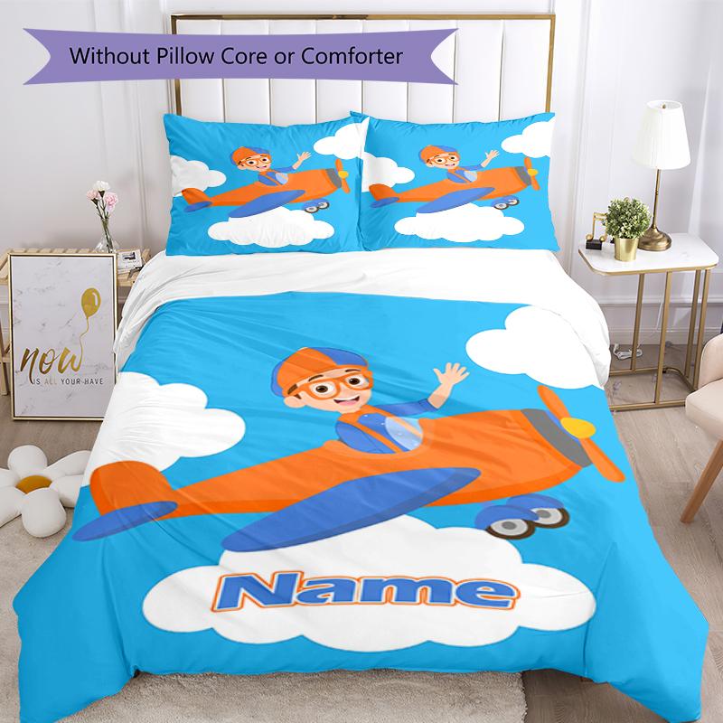 3pcs Custom Name Blippi Bedding Set Duvet Cover Closure Includes 1 Duvet Cover & 2 Pillowcases, Soft and Comfortable for All Seasons.
