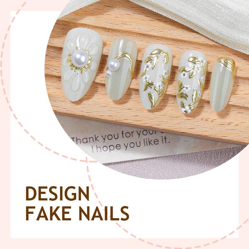 Europäische Doppelschicht Perlen & Fünfblättrige 3D Florale Nagelkunst-Aufkleber - Geprägte Vergoldung Bestseller