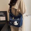 Korean Versi Carto Embroidered Washed Denim Bag for Students One Shoulder Crossbody Tote Bag, Casual and Simple Women's Bag