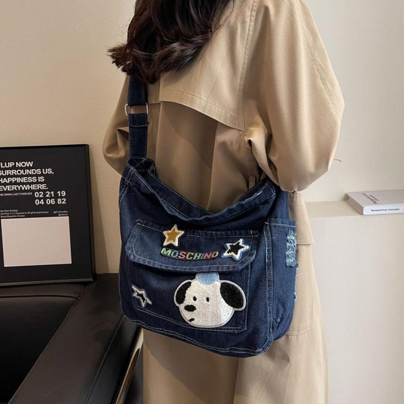 Korean Versi Carto Embroidered Washed Denim Bag for Students One Shoulder Crossbody Tote Bag, Casual and Simple Women's Bag