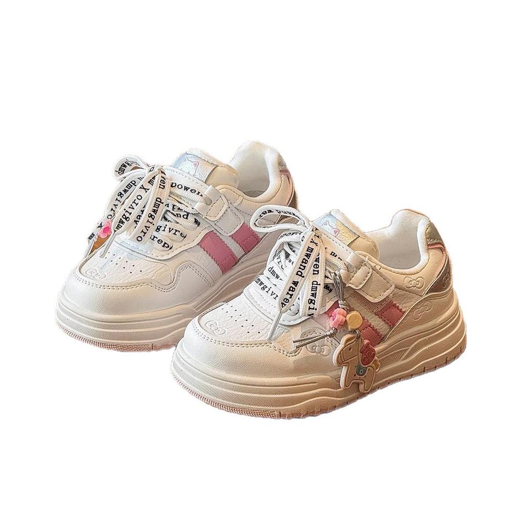 2026 Spring Kids' Lightweight Thick-Soled Platform White Shoes with Cute Korean-Style Cartoon Pendant