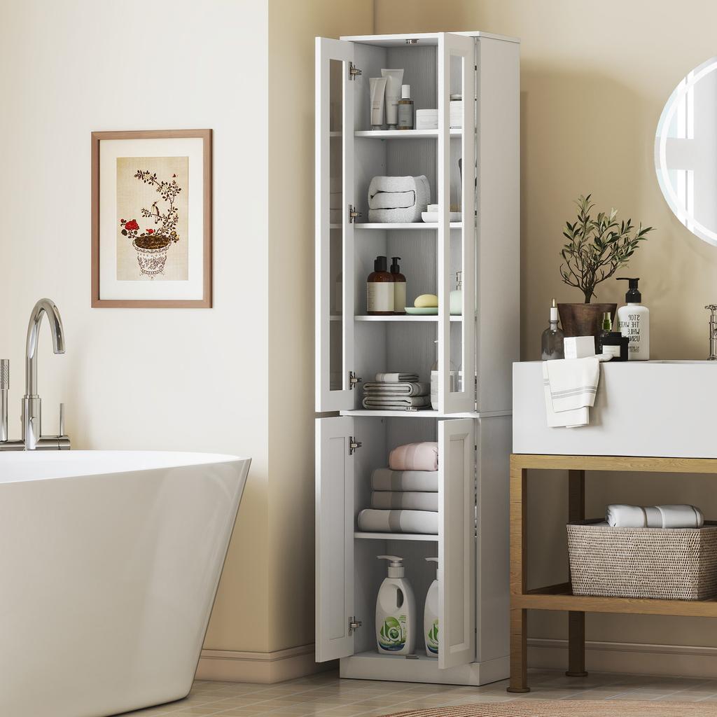 Tall Bathroom Storage Cabinet, 6-Tier Slim Bathroom Cabinet with Adjustable Shelf, 4 Soft-Close Doors, White