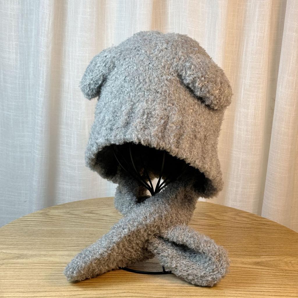 Versatile Cute Little Bear Hat for Women In Autumn and Winter Lamb Velvet Warm and Cold Hat Cold Proof Ear Protection and Neck Scarf All In One Hat