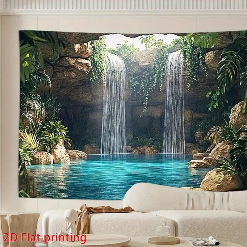 2D Jungle Cave Waterfall Wall Tapestry Blue Lagoon Background Cloth for Home Decor