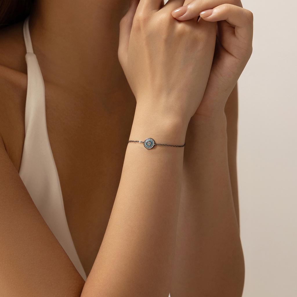 MODIAN Round Turquoise Black Golden Eyes Bracelet 925 Silver Punk Link Chain Bracelet For Women Hip Pop Fine Jewelry