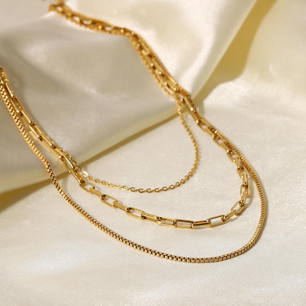Vintage Gold Plated Paperclip Box Chain Layered Stainless Steel Triple Layer Necklace Waterproof Party Gift NEW