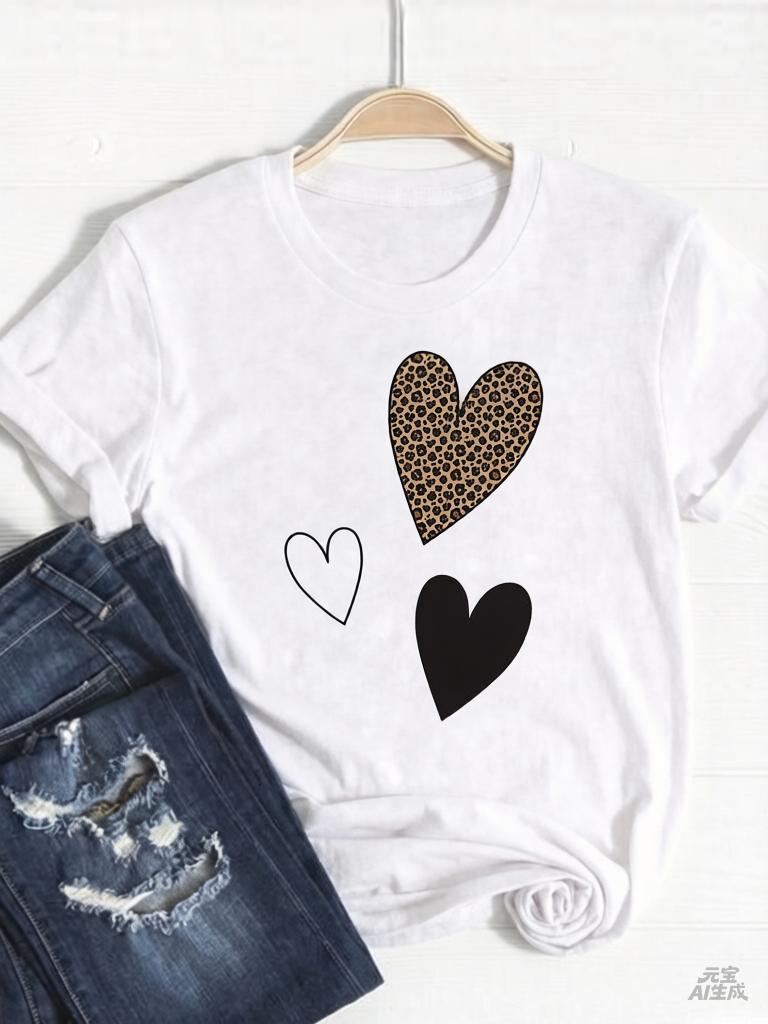Tee Basic Clothing Women Clothes Print T Shirt Leopard Love Heart Trend Cute Summer Top Fashion Short Sleeve Graphic Tshirt