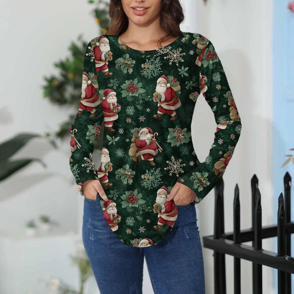 Tee Shirts For Women Casual Round Neck Long Sleeve Shirts Christmas Printing Top Pullover