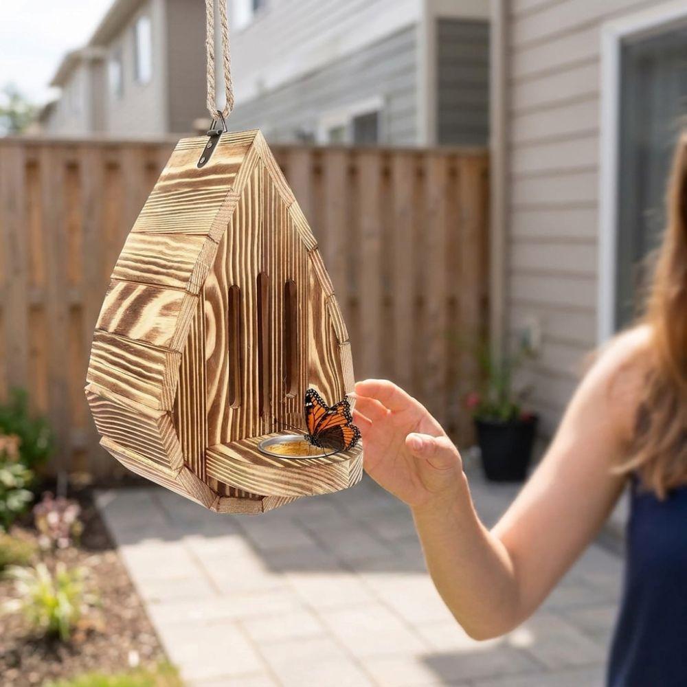 Teardrop Shaped Wood Butterfly Bee House Rustic Back Door Opening Hanging Butterfly Feeder Ventilation Natural Shelter