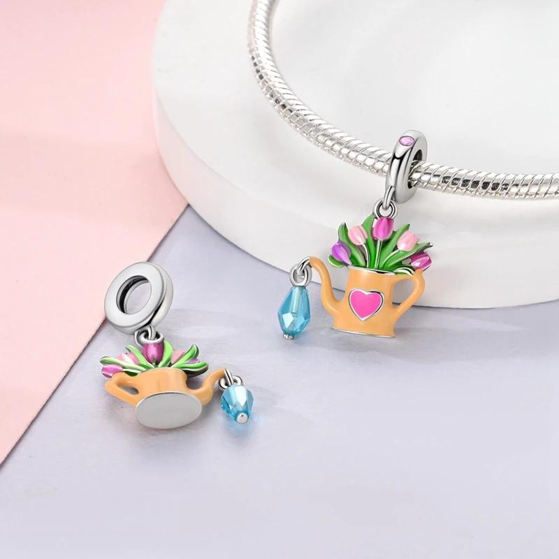 Original Charmscopper Watering Pot Tulip Flower Beads Fit Charms Platabracelets For Women Jewelry Making Fine Gifts