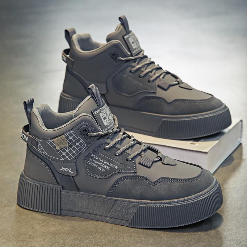 

Мужские кроссовки с высоким верхом, новые зимние кожаные водонепроницаемые увеличивающие рост кеды, молодежный досуг, спорт 44 серый