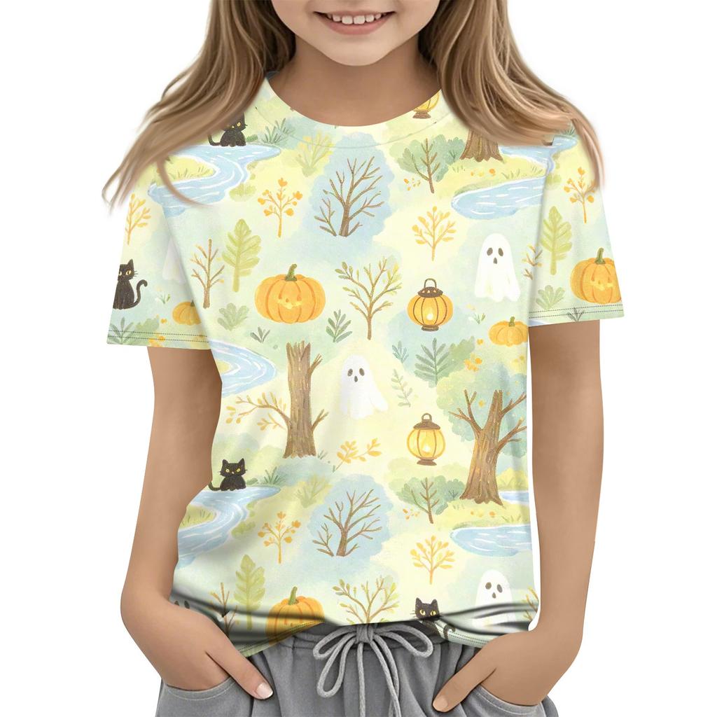 Kids Halloween Print Short Sleeve T Shirt Round Neck Casual Top Boys Girls Comfortable Fit Lightweight Fabric Soft Material