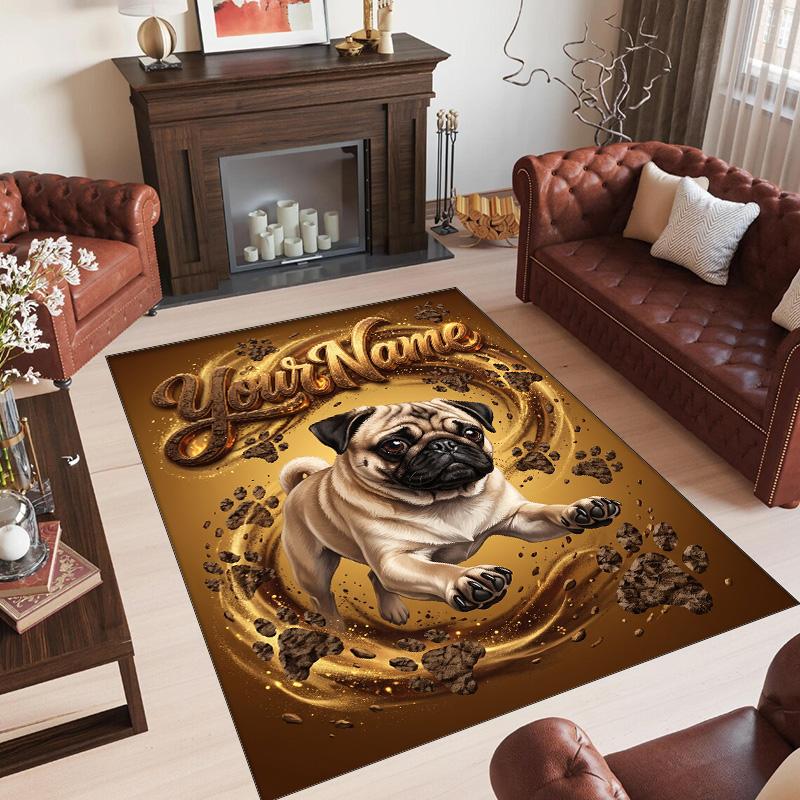 Pug Theme Crystal Velvet Floor Rug Personalized Custom Name Text Warm Carpet Home Decoration