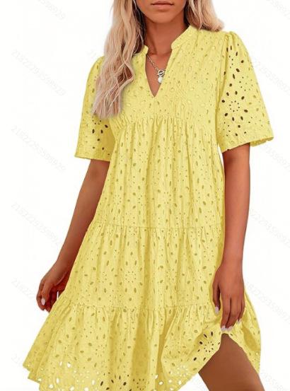 2026 Short Sleeve Women's Beach Vacation Skirt French V-Neck Hollow Lace Dress High-end A-shaped Dress