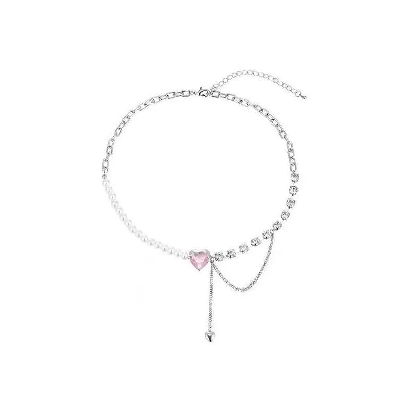 Trendy Cool Pink Zircon Love Necklace Women Light Luxury Temperament Versatile Sweet Cool Style High End Jewelry Collar Chain