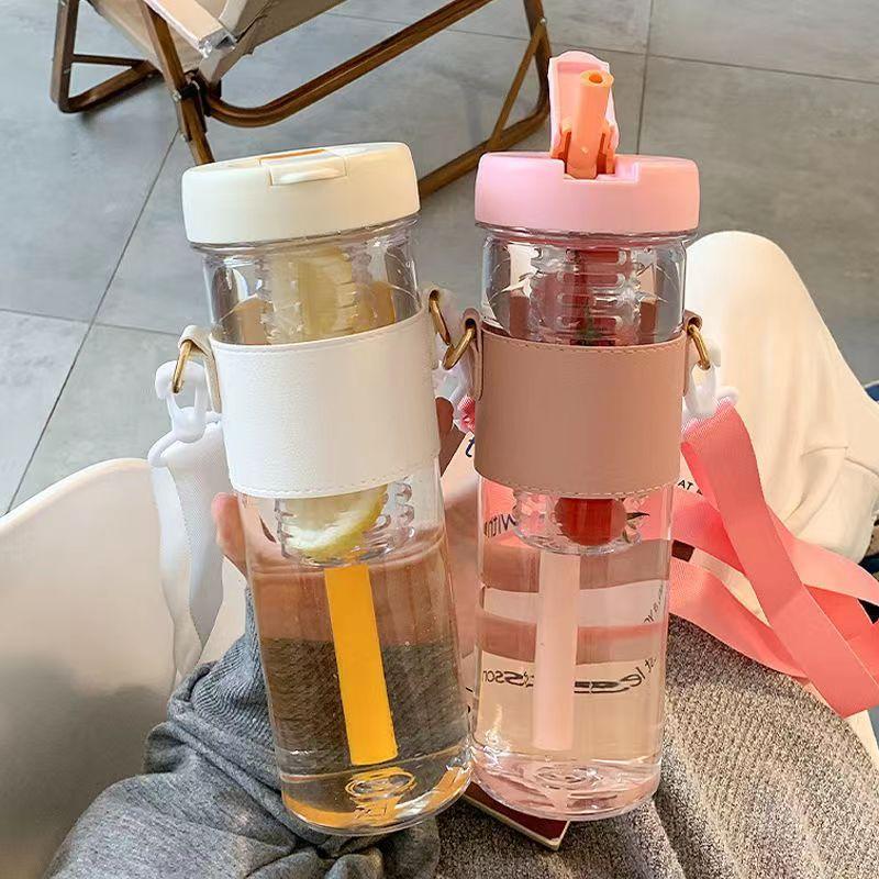 800ml Large Capacity Water Bottles with Strap Dry Wet Separation Fruit Lemon Filter Plastic Drinking Bottle with Straw Outdoor Sports Water Cup
