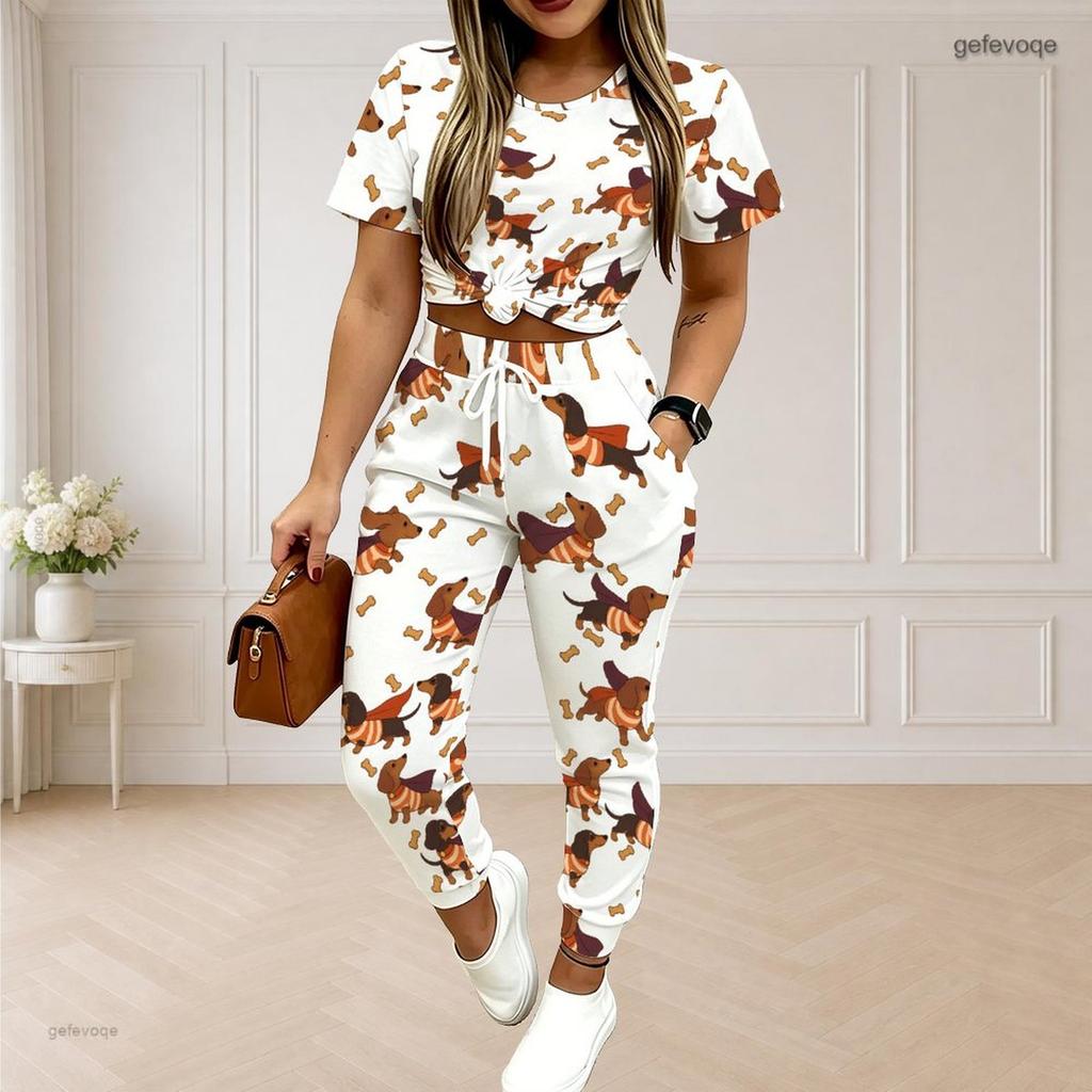 Women Plus Size White Printed Round Neck Short Sleeve Top Drawstring Cuffed Pants Two Piece Set