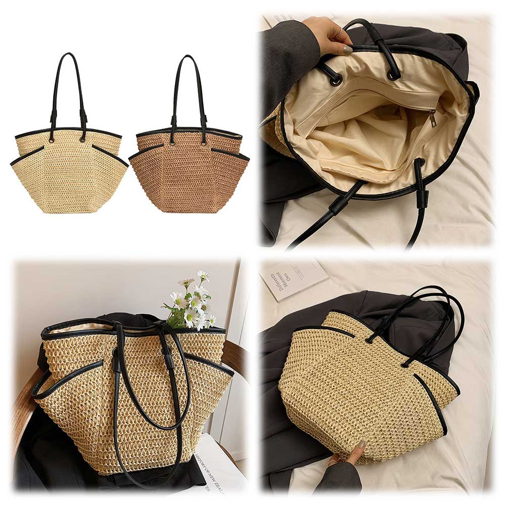Women Straw Woven Tote Bag Summer Beach Bags Large Capacity Beach Vacation Shoulder Bag Multi Pockets for Outdoor Travel