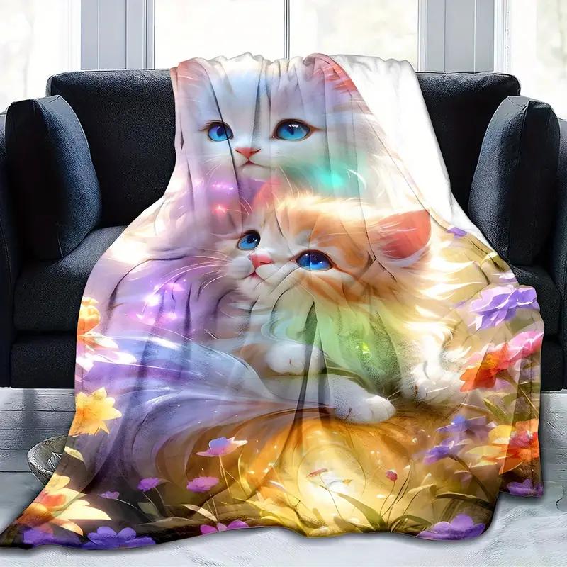 Kitten and Floral Pattern Flannel Blanket Suitable for Bed, Office, Home, Camping, Cozy Warmth, Sofa, Christmas