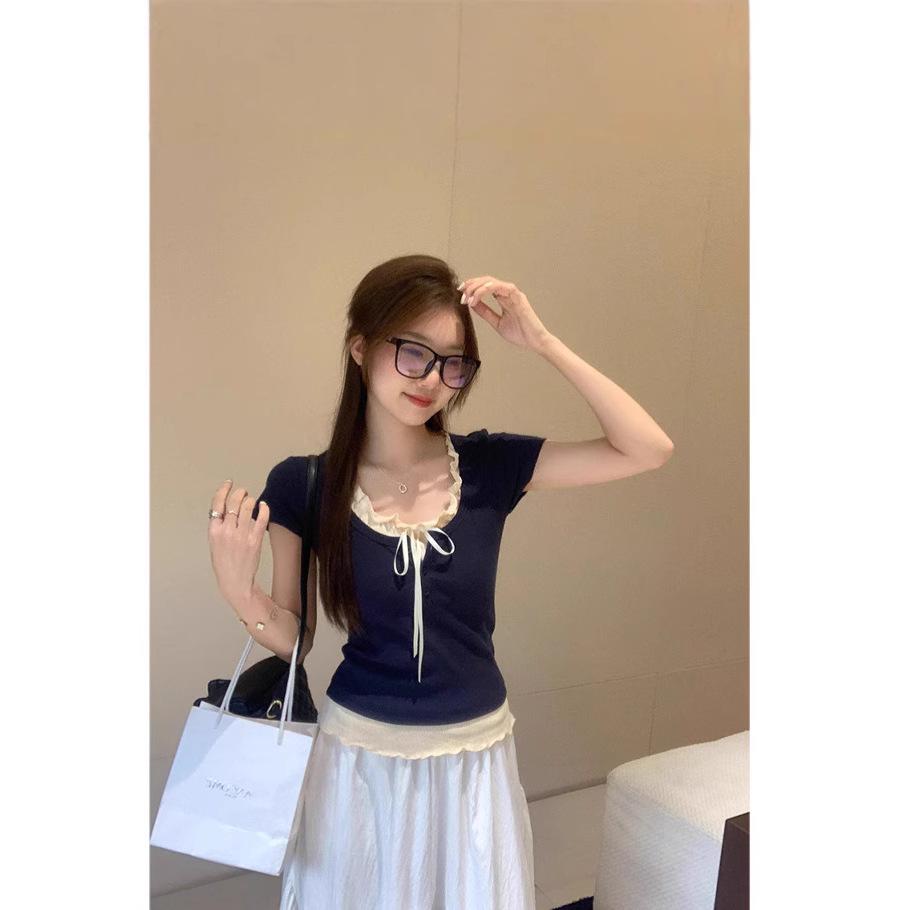 

Women s 2025 Summer Ballet Style Off-Shoulder Slim Fit Short Sleeve Top Small