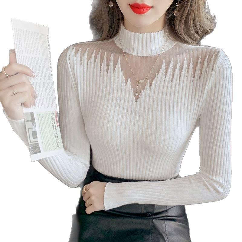 Mesh Spliced Half-High Neck Knit Top for Women - Stylish Slim-Fit Sweater for Spring & Autumn